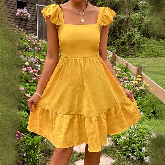 Bohemian Ruffled Backless Dress With A Square Neckline And Shirred Detailing