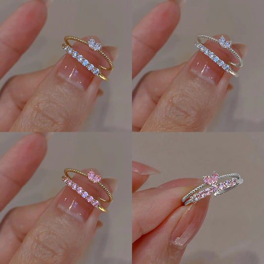 2PCS Aesthetic Elegant Dainty Crystal Heart Rings for Women Girls Gold Color Stackable Delicated Love Finger Ring Set Jewelry
